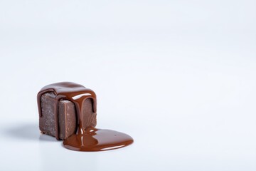 Minimalist Composition of Chocolate Cube with Melted Sauce on Clean White Background