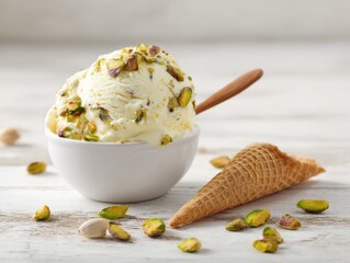 Creamy Pistachio Ice Cream Scoop In White Bowl With Cone And Nuts On Wooden Table