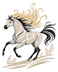 Obraz premium Elegant galloping horse in calligraphic brush strokes converted into embroidered applique, simple two-color scheme, high-contrast, no text