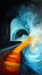 An abstract painting of a staircase leading towards a bright light, with surreal and dramatic elements.
