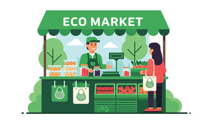 Illustration of eco food market stall with loose goods, refill jars, and reusable bags. Ideal for sustainable shopping visuals and zero waste educational campaigns