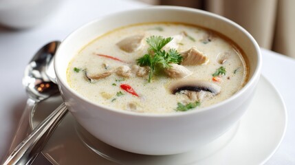 Creamy Thai Coconut Chicken Soup Tom Kha Gai Garnished with Fresh Parsley and Sliced Mushrooms on Table