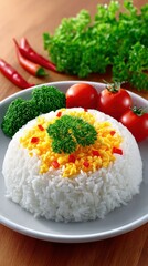 A close-up shot of a mound of steamed white rice topped with scrambled eggs, red bell pepper pieces, and fresh parsley. Beside the rice are broccoli florets, ch