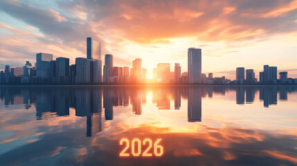 Stunning city skyline reflecting on water with the year 2026 shining bright