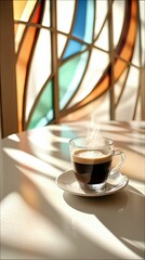 A cup of hot coffee sits on a white saucer on a table, with a colorful stained glass window in the background. The scene is illuminated by bright sunlight, crea