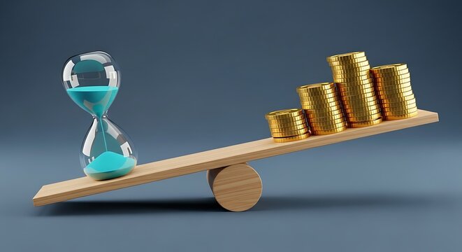 Time is money concept showing golden coins outweighing sand in an hourglass, a visual metaphor for investment, finance, and careful planning