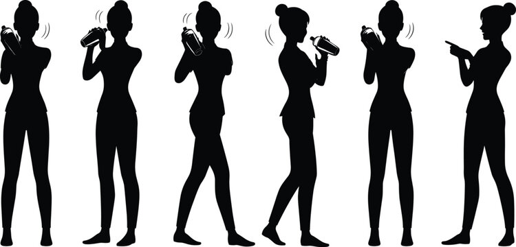 Bartender shaking cocktail shaker silhouette sequence, mixology motion illustration, drink preparation gesture, pointing pose, bar technique visual