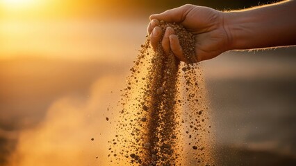 Close-up of a hand releasing sand particles against a warm sunset.