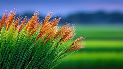 Close-up of tall green grasses with feathery orange seed heads, blurred green field and blue sky background.
