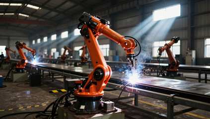 Modern hi-tech facility with automated line and AI-controlled robotic hands for hi-precision assembling of complex mechanisms. Industrial automation and conveyor systems in smart factory