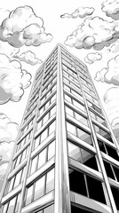 Low-angle view of a tall skyscraper with many windows, surrounded by fluffy clouds in a black and white illustration.