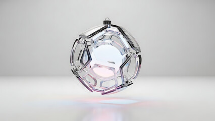 Clear soccer ball ornament hanging with a white background and slight color reflection on the surface