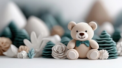 A cute teddy bear sits surrounded by decorative elements, creating a soft and dreamy atmosphere.