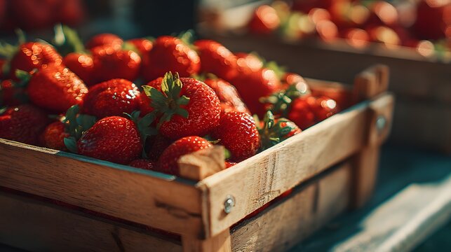Freshly Picked Red Strawberries in Wooden Crates at a Farmers Market. - Powered by Adobe