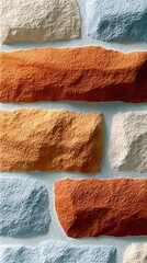 Close-up of a brick wall with colorful, textured stones. The image showcases a variety of colors and textures.