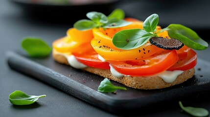 Close-up of a bruschetta with sliced tomatoes, basil leaves, and a truffle on a wooden board. The food is well-lit, creating a visually appealing image.