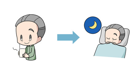 温かい飲み物を飲んでよく眠れた高齢男性のイラスト
