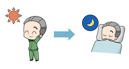 太陽の光を浴びてよく眠れた高齢男性のイラスト