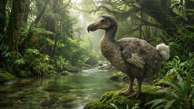 Dodo Bird Stands Beside Lush Tropical Jungle Stream