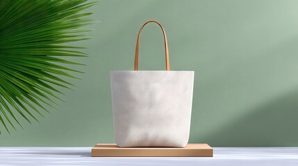 A white tote bag is displayed on a wooden pedestal with a green background. A palm leaf is in the background, and the lighting is soft.