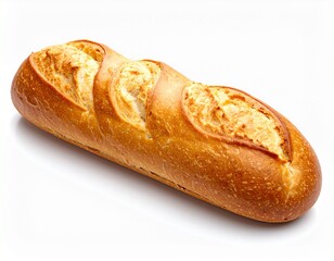 perspective view of a delicious freshly baked looking Baguette in an isolated white BG