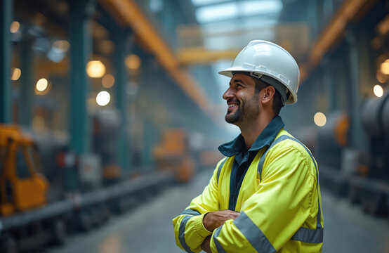 European engineer smiles looking forward in industrial factory. He wears hard hat and high-vis jacket. Arms crossed showing confidence and pride in his important job.