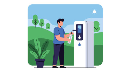 Man filling a reusable metal water bottle at a refill station. Ideal for plastic-free lifestyle, hydration awareness campaigns, and sustainability visuals