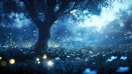 A large tree stands in a field of flowers and glowing lights at night, creating a magical and ethereal atmosphere.