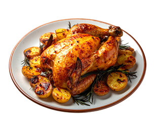 Golden roasted whole chicken served with roasted potato slices isolated on transparent background