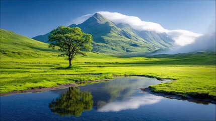 A lone tree reflects in the calm water of a small lake, with green hills and mountains in the background under a blue sky with clouds.