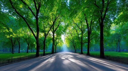 A paved pathway lined with lush green trees casting long shadows, with sunbeams breaking through the canopy, creating a serene and inviting atmosphere.