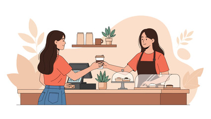 Girl getting takeaway coffee using a reusable eco cup at a café. Ideal for zero waste living concepts, modern eco lifestyle, and sustainability content