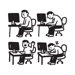 Icon Set of a Man Working, Tired, Happy, and Sleeping at a Desk.