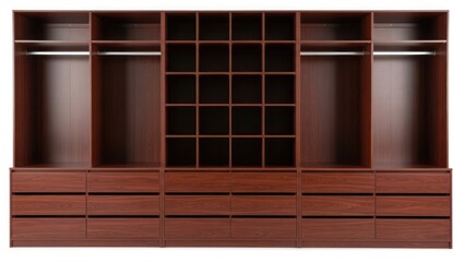 A large, empty, dark wood closet system with shelves, hanging rods, and drawers.