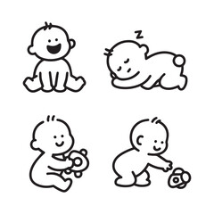 Cute Black and White Baby Character Icon Set Playing with Toys.