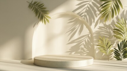 Fototapeta premium A circular pedestal sits in a softly lit room surrounded by green leaves casting gentle shadows on the wall. The scene conveys tranquility and simplicity perfect for showcasing products.