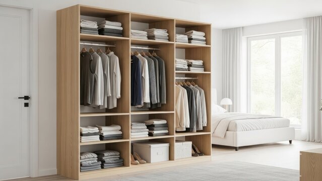 A modern, organized walk-in closet with clothes and storage in a bedroom. - Powered by Adobe