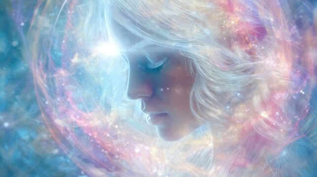 A woman gazes thoughtfully with her eyes closed her flowing hair blends with cosmic colors and ethereal light. The scene evokes a sense of serenity and connection to the universe.