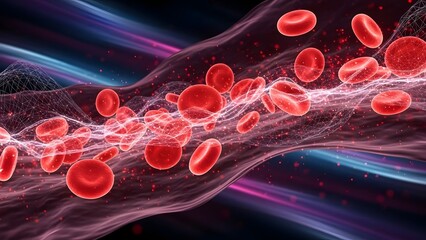 Red blood cells travel in an artery. Human body biotechnology science and health care concept.