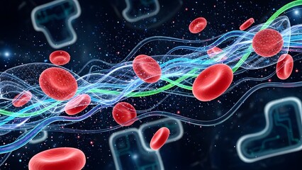 Red blood cells travel in an artery. Human body biotechnology science and health care concept.