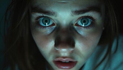 Extreme closeup of young woman eyes. Pupils dilated, showing wide eyed fear intense surprise. Face illuminated by cool blue light source. Mouth slightly open as stares intently.