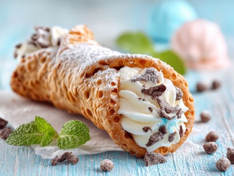 Delicious Italian Cannoli Dessert Filled With Cream Topped With Chocolate Chips And Mint Leaves