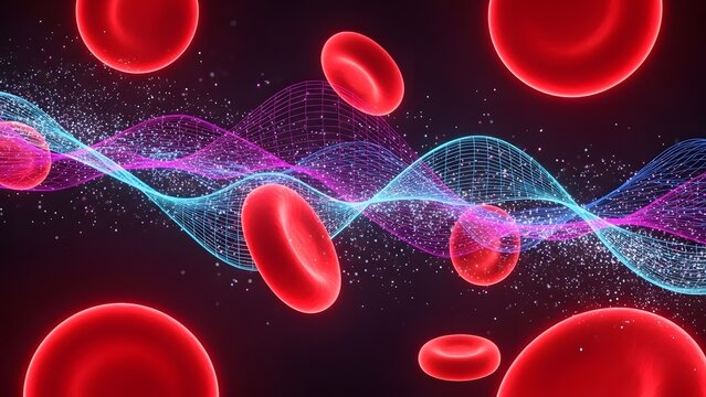 Red blood cells travel in an artery. Human body biotechnology science and health care concept.