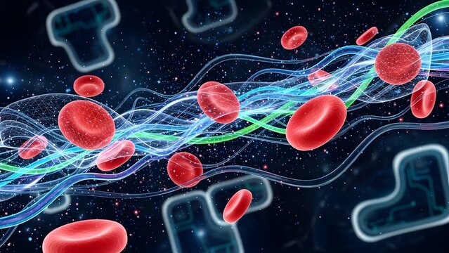 Red blood cells travel in an artery. Human body biotechnology science and health care concept.