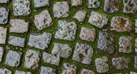 Stone Pavement with Green Moss - A Textured Urban Landscape.