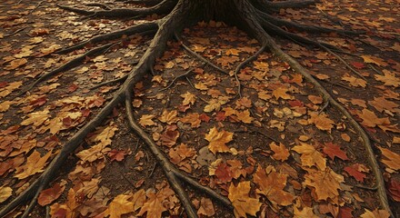 Tree roots and fallen leaves create a textured autumn scene.