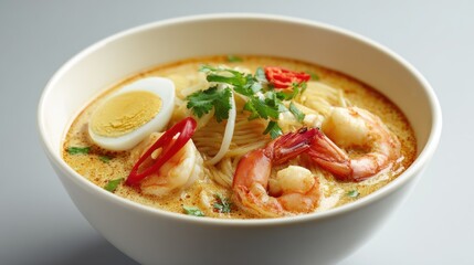 Delicious Shrimp Noodle Soup with Boiled Egg and Chili Garnishes in White Bowl Studio Shot