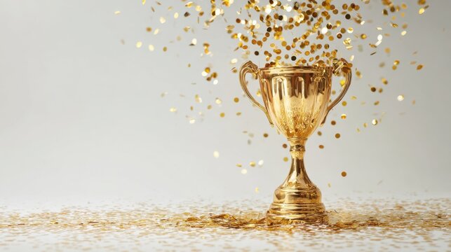 A sparkling gold trophy stands on a white surface with colorful confetti floating around. This scene captures the joy of celebration and accomplishment at a special event.