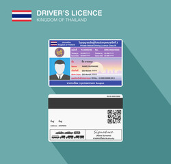 Obraz premium Kingdom of Thailand. Thai car driver license identification. Front and back side view. Flat vector illustration template. 
