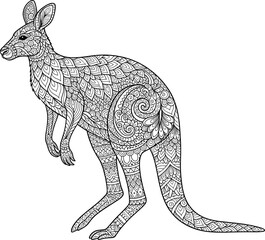 Detailed Kangaroo Zentangle Style Illustration with Intricate Patterns for Coloring and Design Projects.